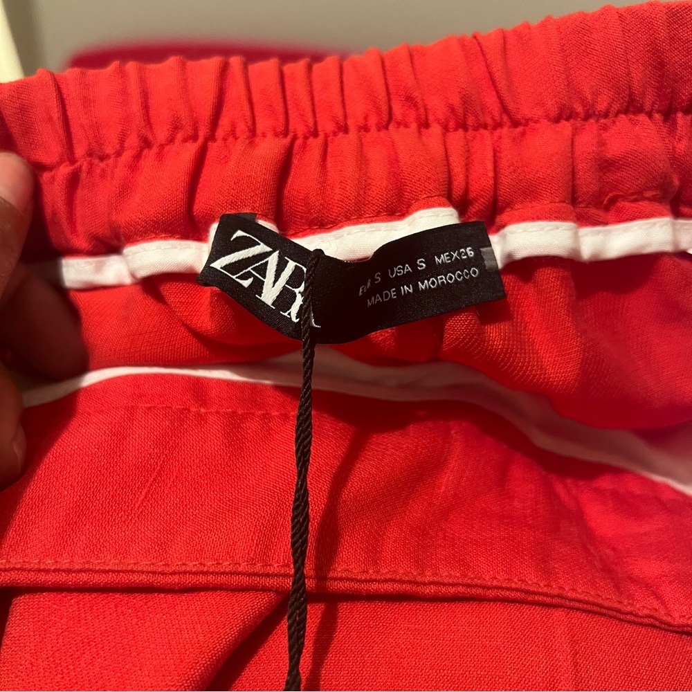 Zara Vibrant Red Linen Blend Lightweight Elastic Waist Pull On Pants NWT Size‎ S - Picture 7 of 14